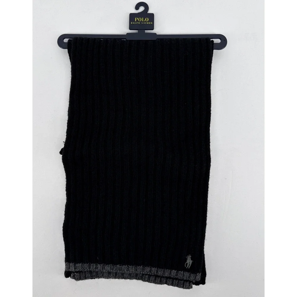Polo Ralph Lauren Mens Black Wool Blend Ribbed Knit Scarf Grey Pony Logo 70X9 IN